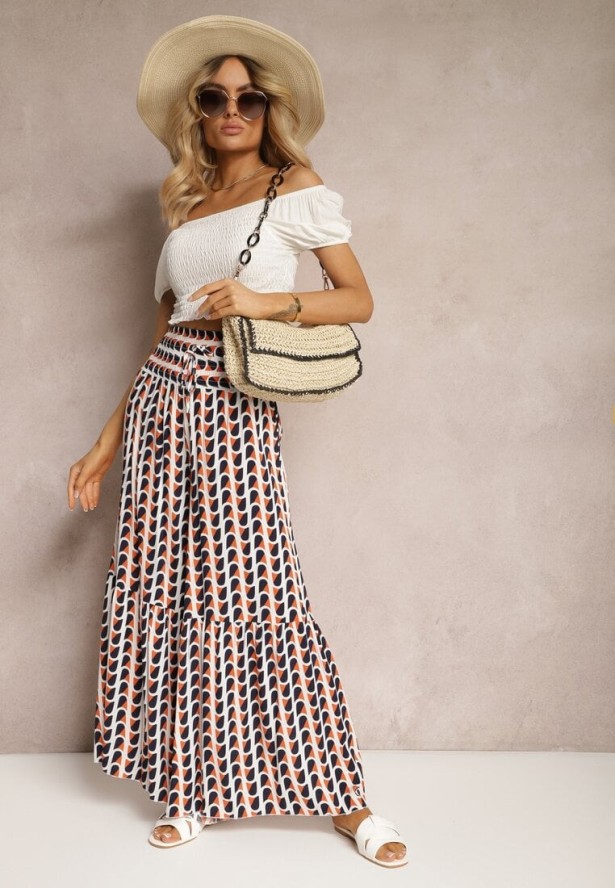 Pomarańczowo-Granatowe Spodnie z Wiskozy High Waist Typu Palazzo z Gumką w Talii Tiimacella