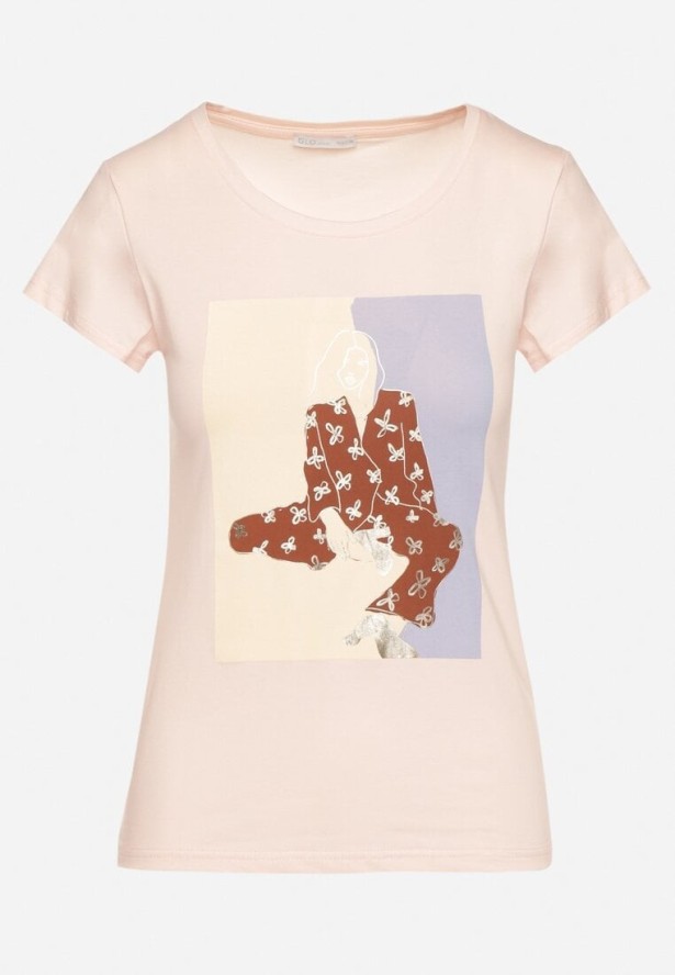 Jasnoróżowy Bawełniany T-shirt z Ozdobnym Nadrukiem Setonisea