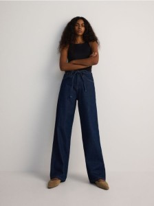 Jeansy wide leg z wiązaniem - granatowy