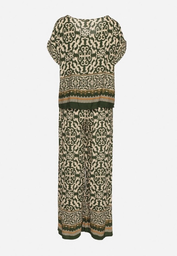 Ciemnozielony Komplet Bawełniany w Ornamentalny Wzór Spodnie i Bluzka Nanirienna