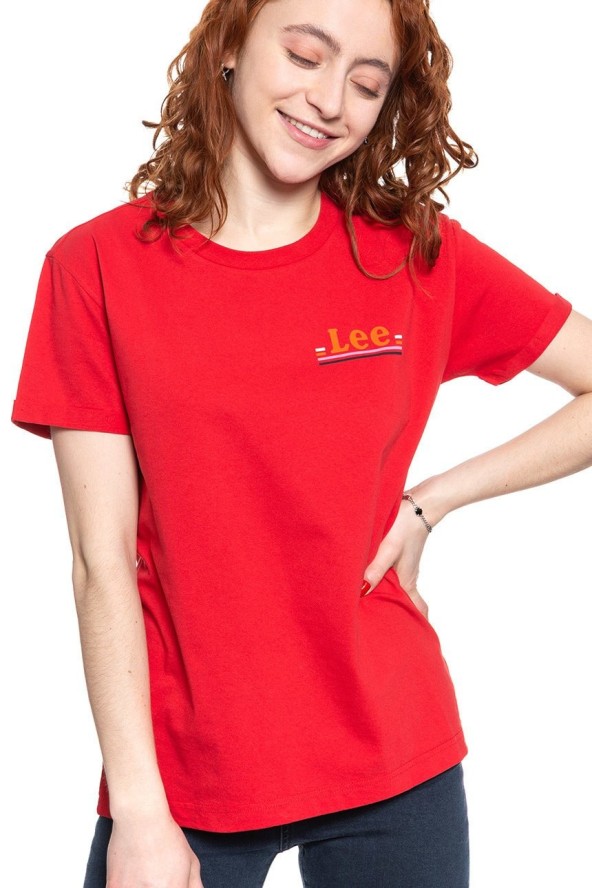 LEE T SHIRT DAMSKI CHEST LOGO TEE WARP RED L43ZFEKG 112109773