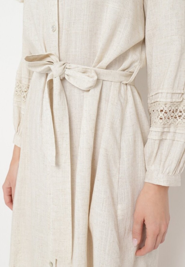 Beżowa Sukienka Koszulowa Zapinana na Guziki z Paskiem w Talii i Ozdobnym Rękawem Rigaudona