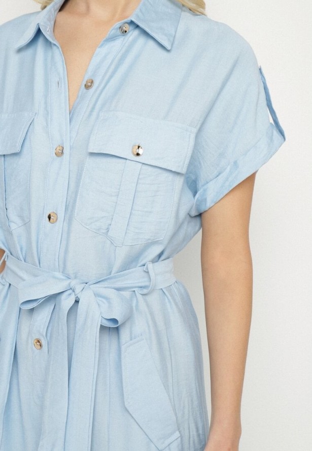 Niebieski Kombinezon z Paskiem i Ozdobnymi Kieszeniami Polsedi