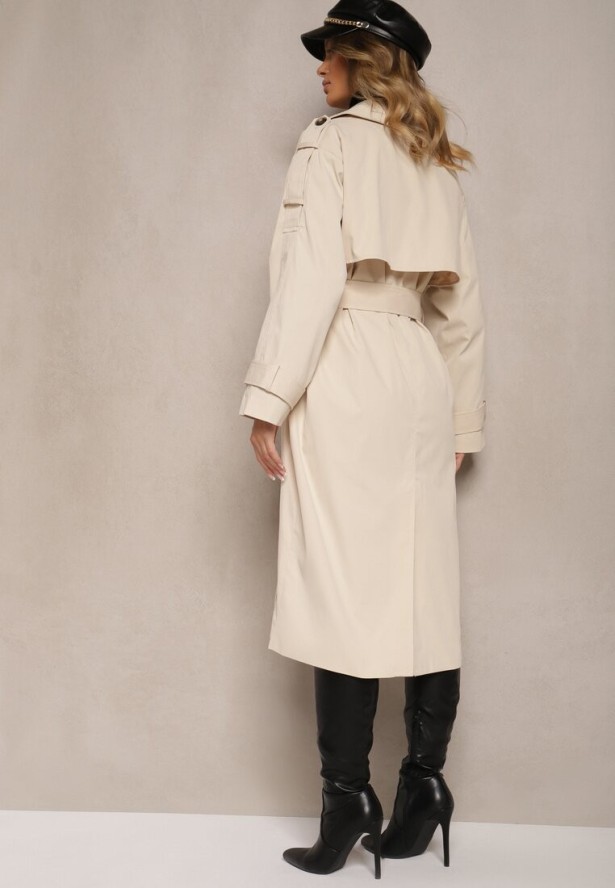 Beżowy Płaszcz Trencz o Dwurzędowym Kroju z Rozcięciem i Klapą Wiązany w Talii Valezi