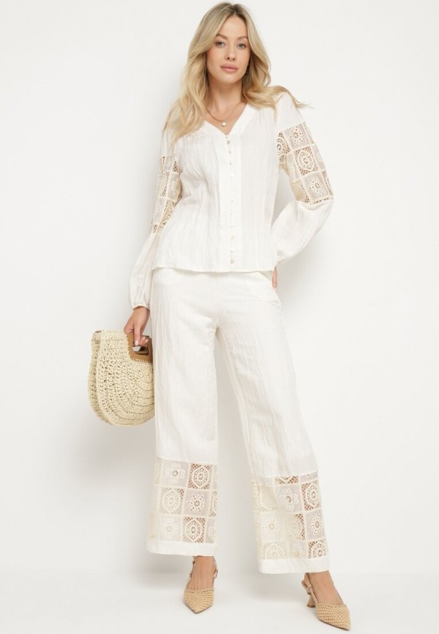 Beżowa Bawełniana Koszula z Bufiastymi Rękawami z Haftem i Koronką Meledis