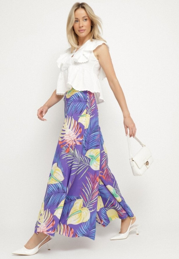 Niebieskie Szerokie Wiskozowe Spodnie z Wysokim Stanem w Liście Senithiela