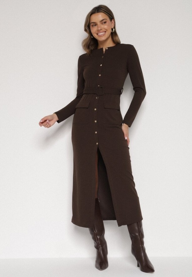 Brązowa Sukienka Koszulowa z Wiskozą Guzikami i Paskiem Vetienne