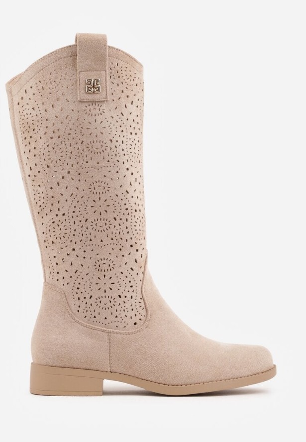 Ciemnobeżowe Botki Typu Kowbojki Ażurowe Ozdobione Metaliczną Aplikacją Iomosa