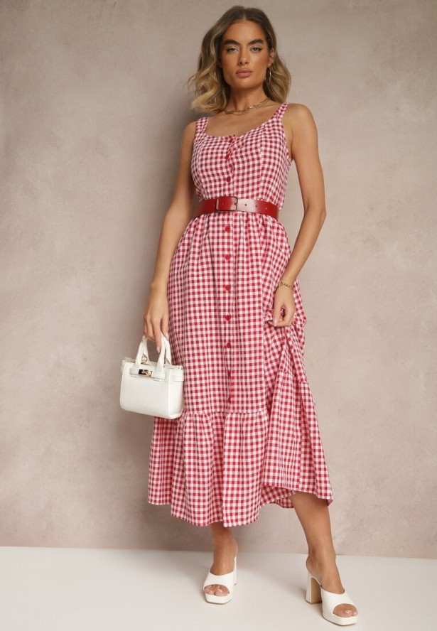 Czerwona Sukienka w Kratkę Vichy z Guziczkami Lenivelle