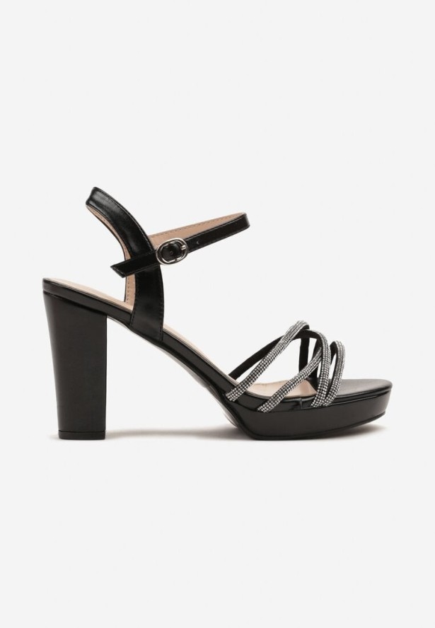 Czarne Sandały na Słupkowym Obcasie Zdobione Cyrkoniami Tanandria
