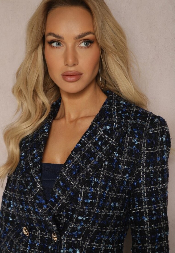 Czarno-Granatowa Tweedowa Marynarka Dwurzędowa Zapinana na Biżuteryjne Guziki Nallet