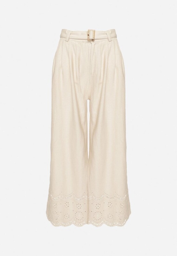 Beżowe Spodnie Szerokie z Bawełny Ozdobione Haftem z Paskiem Ulsemi