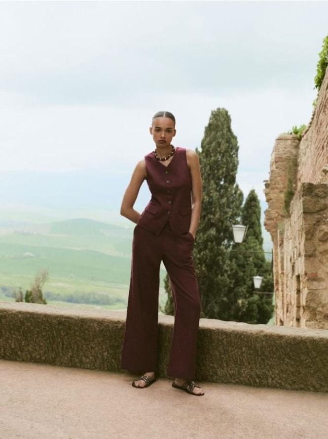 Spodnie z lnem - burgundowy