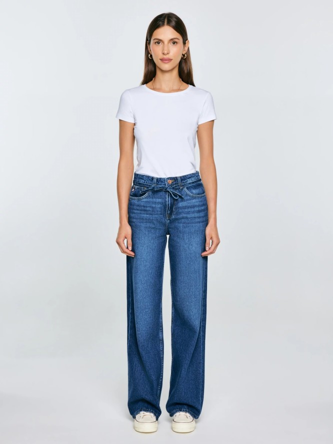 Jeansy damskie z szeroką nogawką granatowe Atrea 514