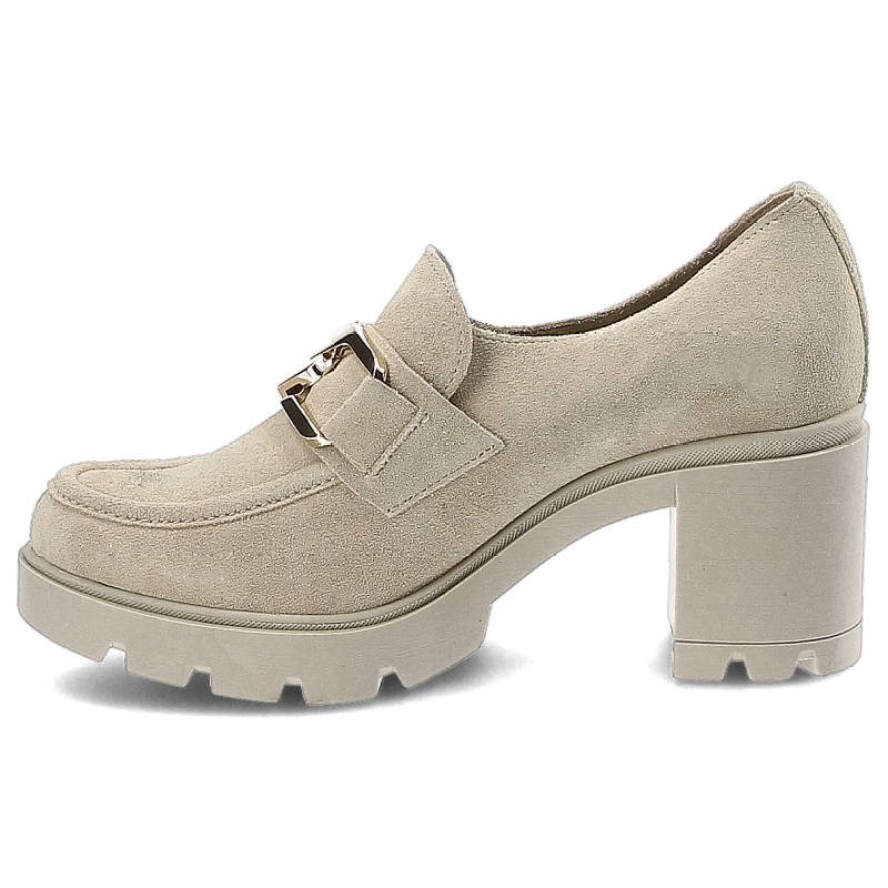 Półbuty damskie Lemar, wykonane ze skóry zamszowej z metalową klamrą na podbiciu grubą podeszwą z tworzywa i szerokim obcasem, beżowo-złote, 20097-W