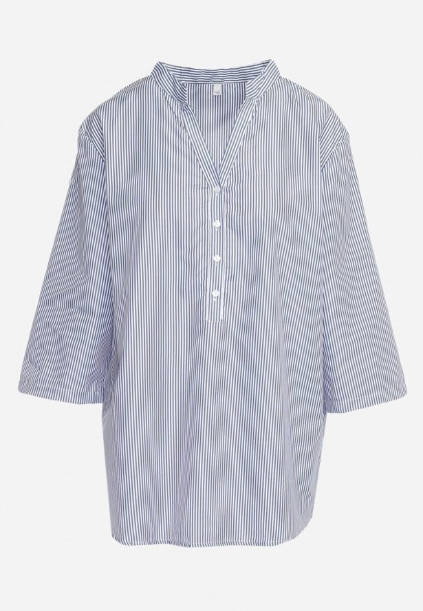 Granatowo-Biała Bawełniana Koszula w Paski z Guziczkami i Rękawem 3/4 Biurise