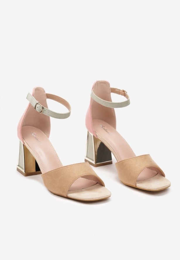 Brązowo-Różowe Sandały z Ekoskóry na Słupku z Metalicznym Wykończeniem Zapinane przy Kostce Dannesia