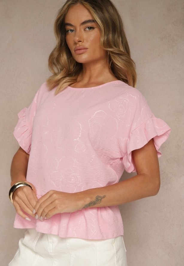 Różowa Bluzka Oversize Ozdobiona Falbanami Liriele