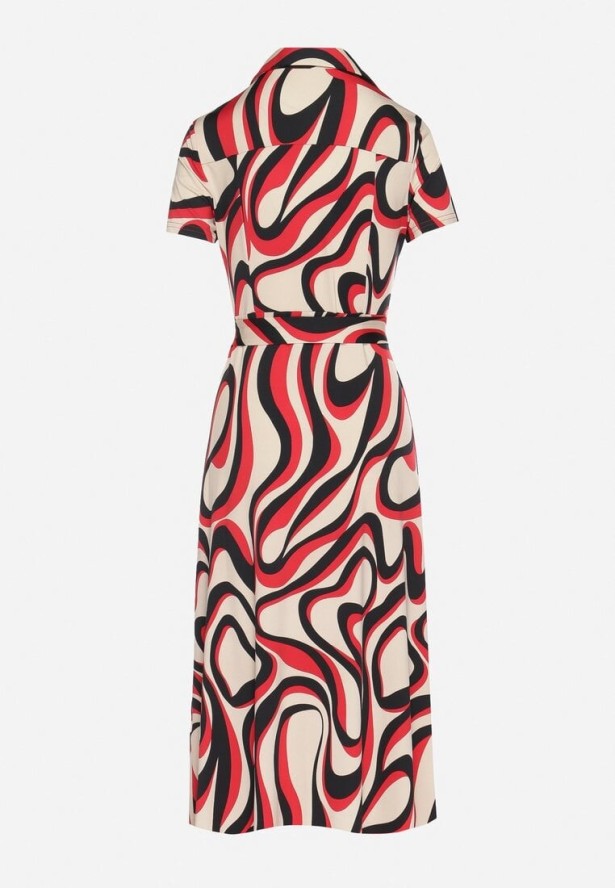 Czerwona Sukienka Koszulowa w Geometryczny Wzór z Paskiem Zimorae
