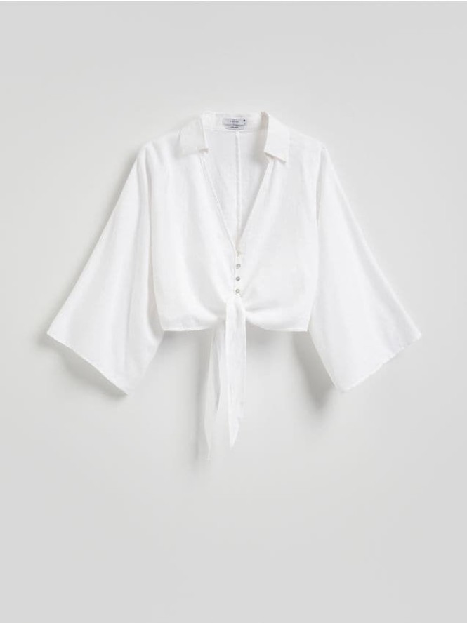 Wiązana koszula z lnem - biały