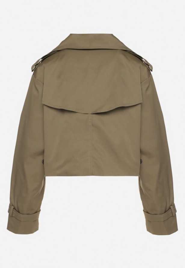 Ciemnozielona Kurtka Dwurzędowa w Stylu Krótkiego Trencza z Wiskozy i Bawełny Tirdexis