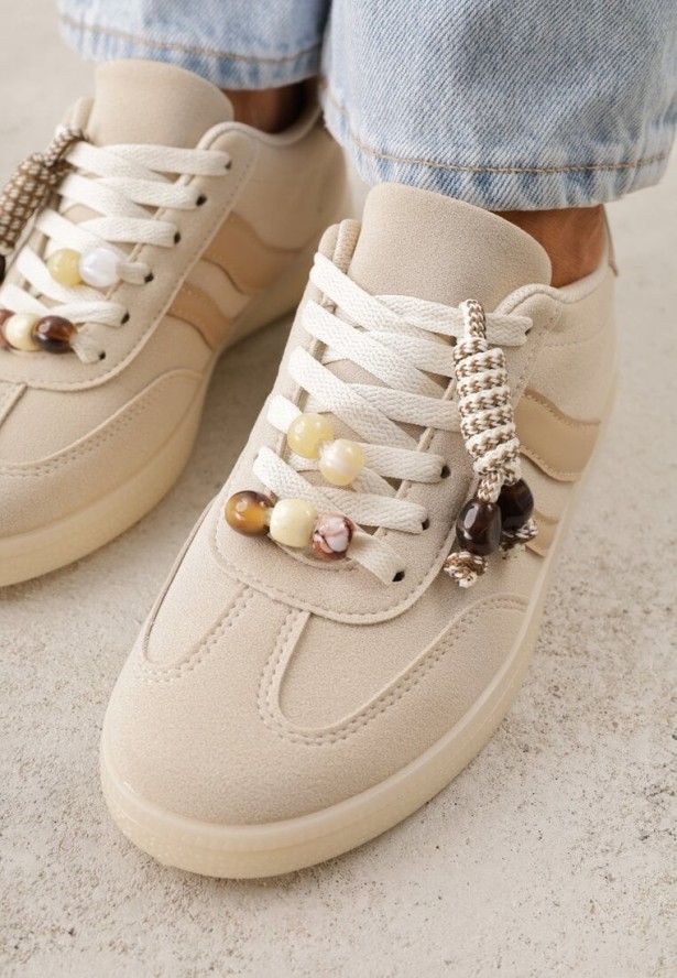 Beżowe Sneakersy Typu Tenisówki Ozdobione Koralikami Daemeli
