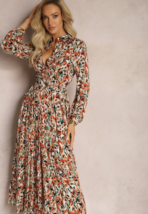 Pomarańczowa Sukienka Koszulowa na Guziki z Falbaną Eriso