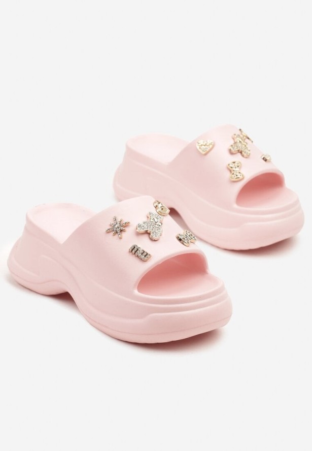 Różowe Klapki na Grubej Podeszwie z Cyrkoniami Islia