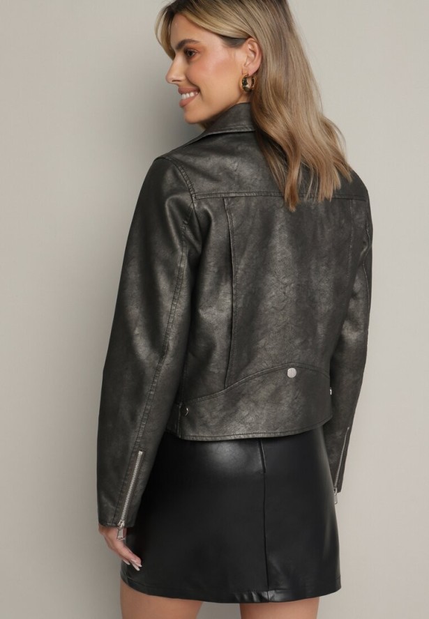 Ciemnoszara Kurtka Ramoneska z Kieszeniami i Paskiem z Klamrą Polvila