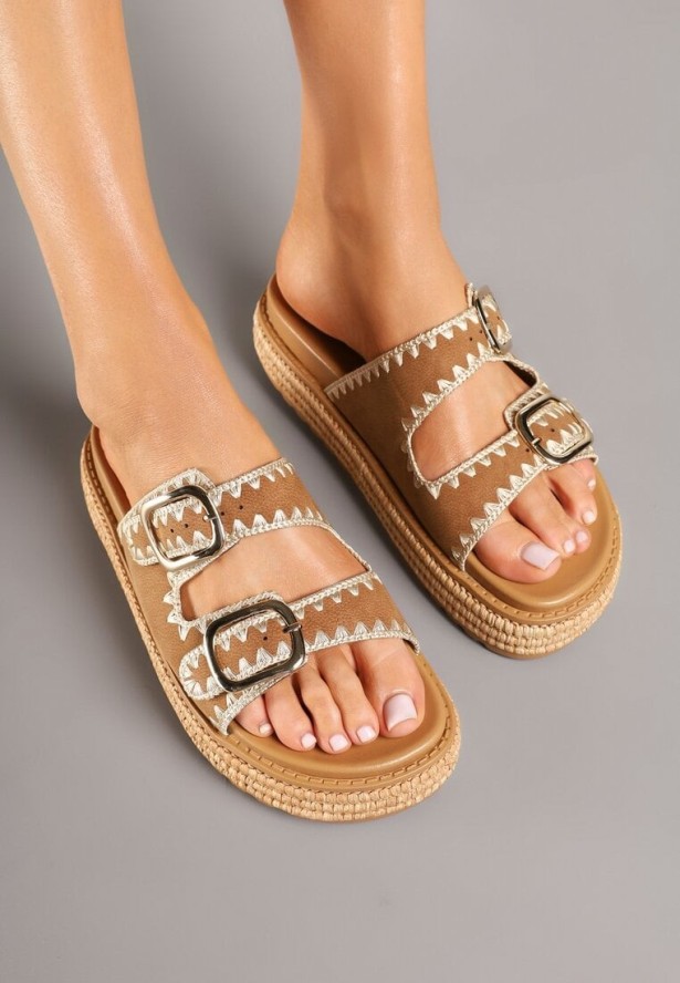 Brązowe Klapki ze Sprzączkami Ozdobione Plecionką Neolana