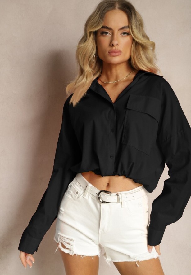 Czarna Koszula z Bawełny z Dłuższym Tyłem i Gumką z Możliwością Ściągnięcia Sasina