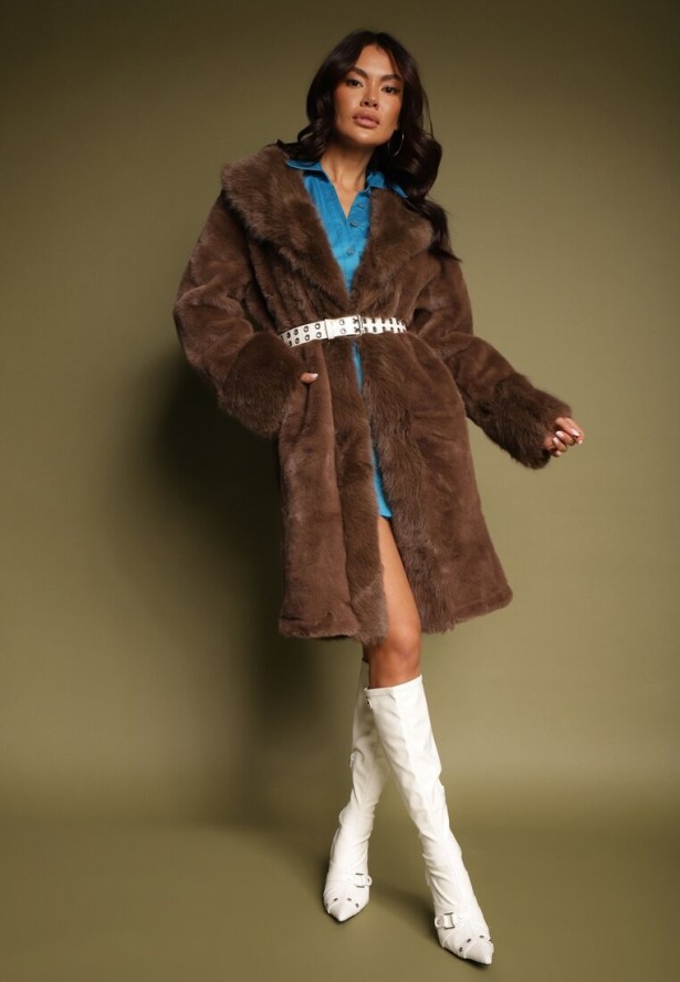 Brązowa Kurtka Futro o Długim Kroju z Wiskozą Ninnarlia