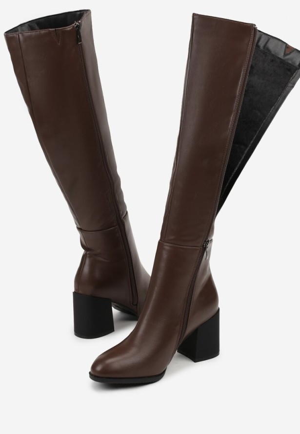 Brązowe Kozaki Vices na Obcasie Ozdobione Przeszyciami Cidvira