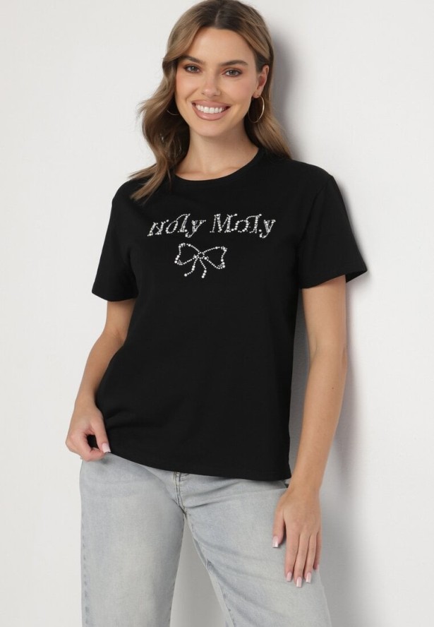 Czarna Bawełniana Bluzka z Napisem i Kokardą Tinala