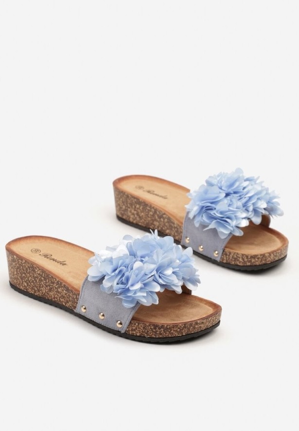 Niebieskie Klapki na Koturnie z Kwiatem 3D Nevorra