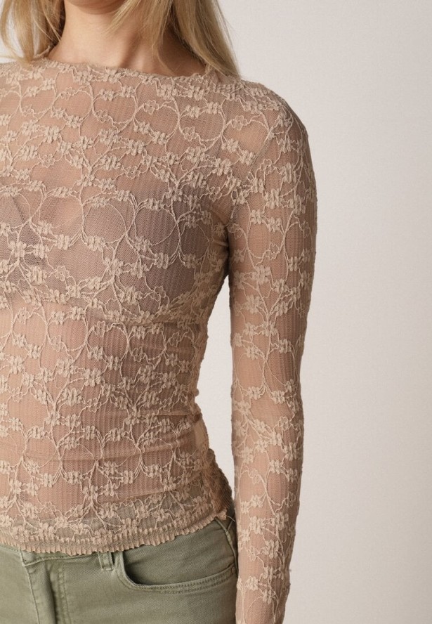 Beżowa Bluzka Koronkowa z Transparentnego Materiału Hermatea