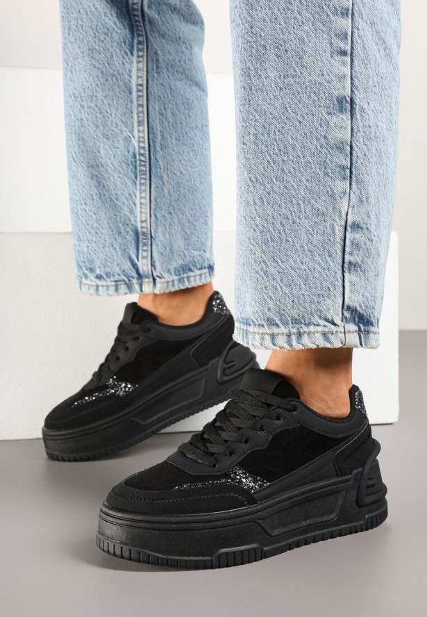 Czarne Sneakersy na Grubej Platformie z Tłoczeniem Ozdobione Wzorem w Panterkę Deolithra