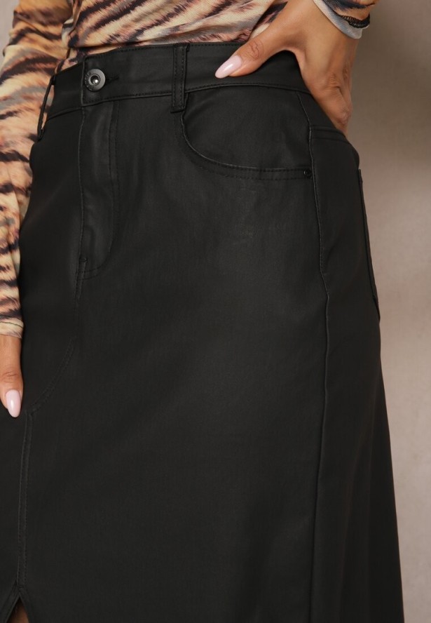 Czarna Midi Spódnica High Waist z Guzikiem i Kieszeniami oraz Suwakiem Navitta