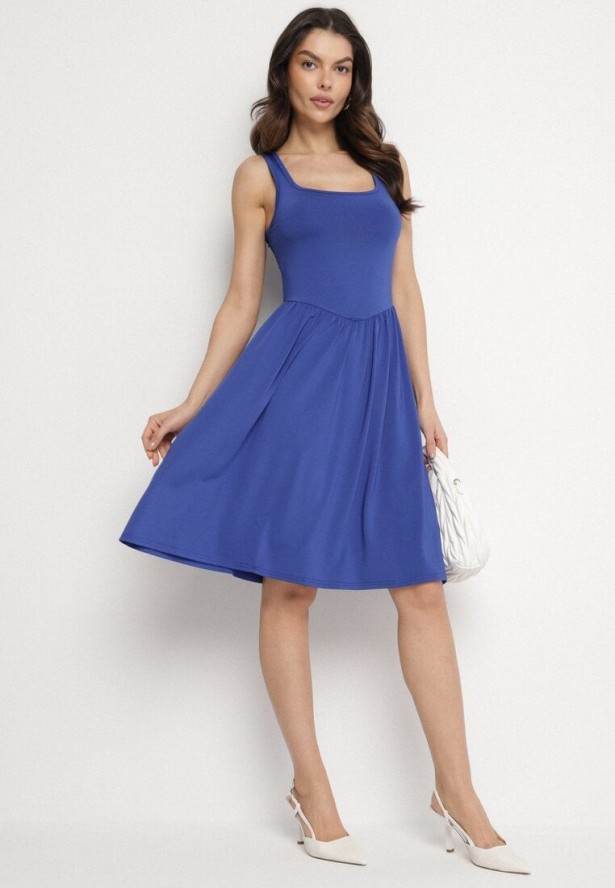 Niebieska Sukienka z Wiskozą o Rozkloszowanym Kroju Edivane