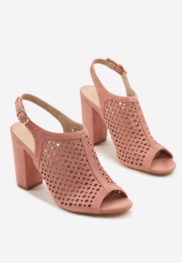 Różowe Ażurowe Sandały na Obcasie ze Skórzaną Wkładką Linwena