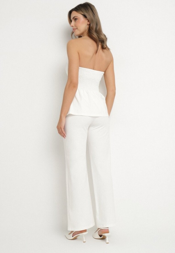 Biały Komplet Top z Baskinką i Ozdobnymi Guzikami i Szerokie Spodnie Palesia