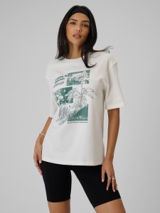 4F T-shirt loose z nadrukiem damski - biały S