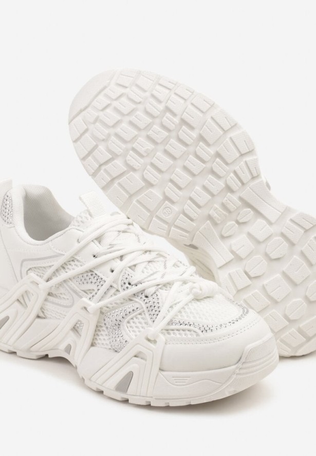 Białe Sneakersy na Grubej Podeszwie z Geometrycznym Wzorem i Cyrkoniami Lavinoria