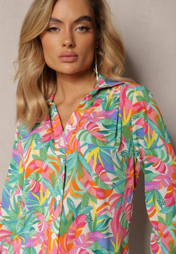 Zielono-Różowa Koszula o Klasycznym Kroju we Florystyczny Print Ationama