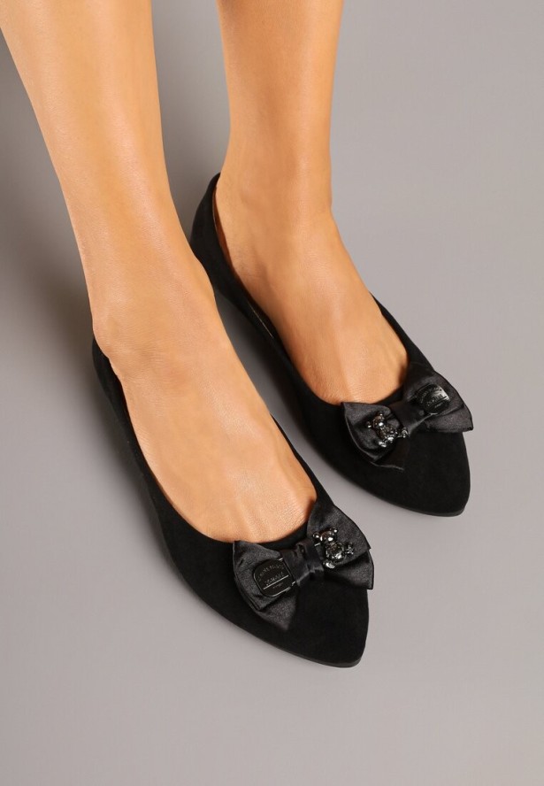 Czarne Balerinki ze Skórzaną Wkładką z Kokardą Galethia