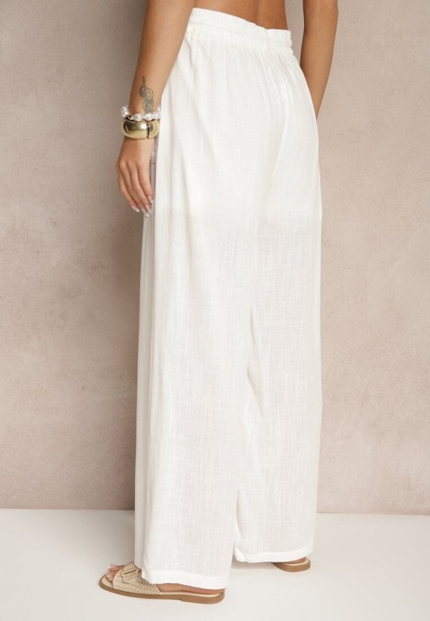 Białe Szerokie Spodnie z Bawełną na Gumce z Kieszeniami Efridessa