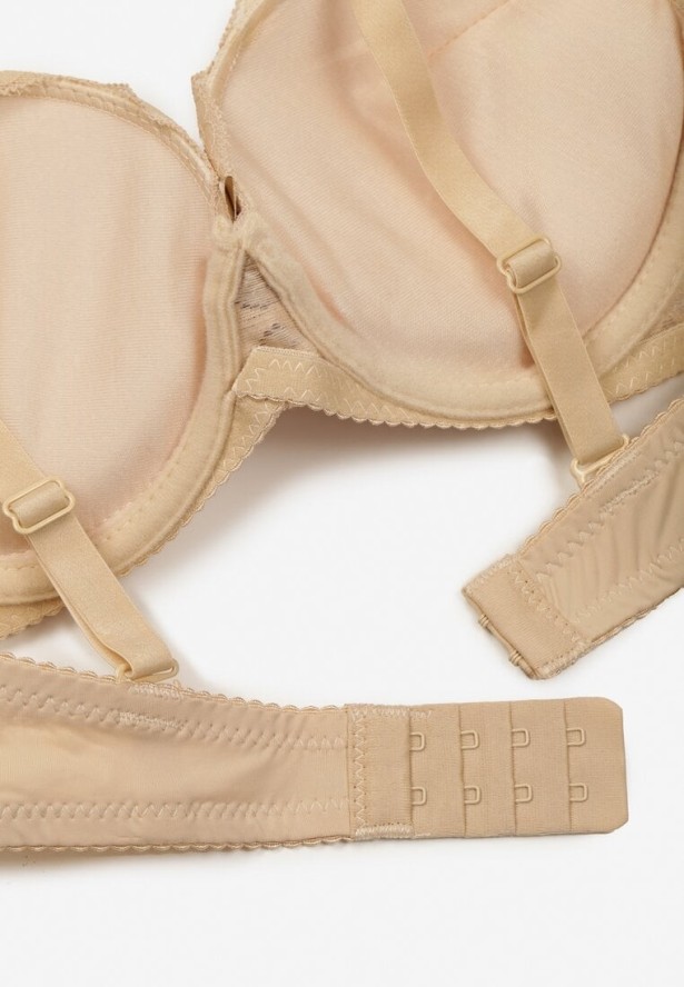 Beżowy Biustonosz o Fasonie Push Up Zdobiony Koronką Morgis