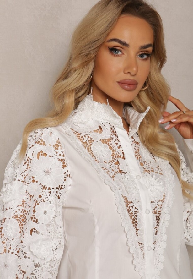 Biała Koszula Koronkowa Zapinana na Guziki Aneries