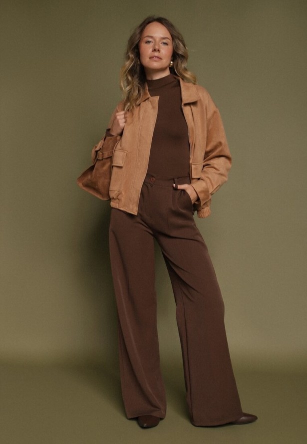 Beżowa Kurtka Przejściowa Bomberka z Imitacji Zamszu z Kołnierzykiem Ervila