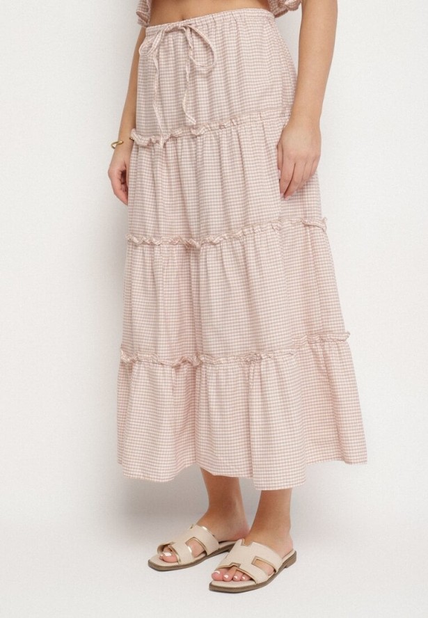 Beżowo-Różowy Bawełniany Komplet w Kratkę Vichy Spódnica i Top Frolira